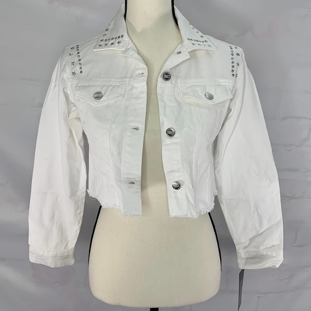 NWT| TRUCE Girl’s Studded Cropped 100%‎ Cotton White Denim Jacket | Women's XS